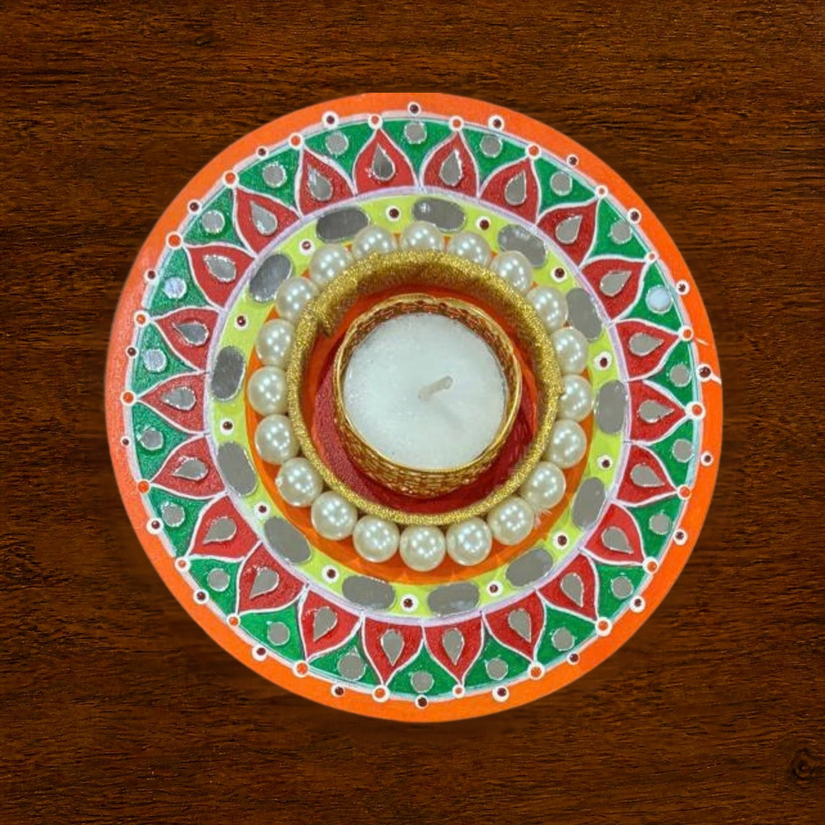 Diwali Tealight Holder Round 6 Inch | Hand-Painted with Mirror Work & Pearl Ring | Festive Home Decor, Diwali Decor, Pooja & Gifting