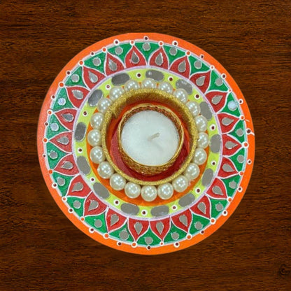 Diwali Tealight Holder Round 6 Inch | Hand-Painted with Mirror Work & Pearl Ring | Festive Home Decor, Diwali Decor, Pooja & Gifting