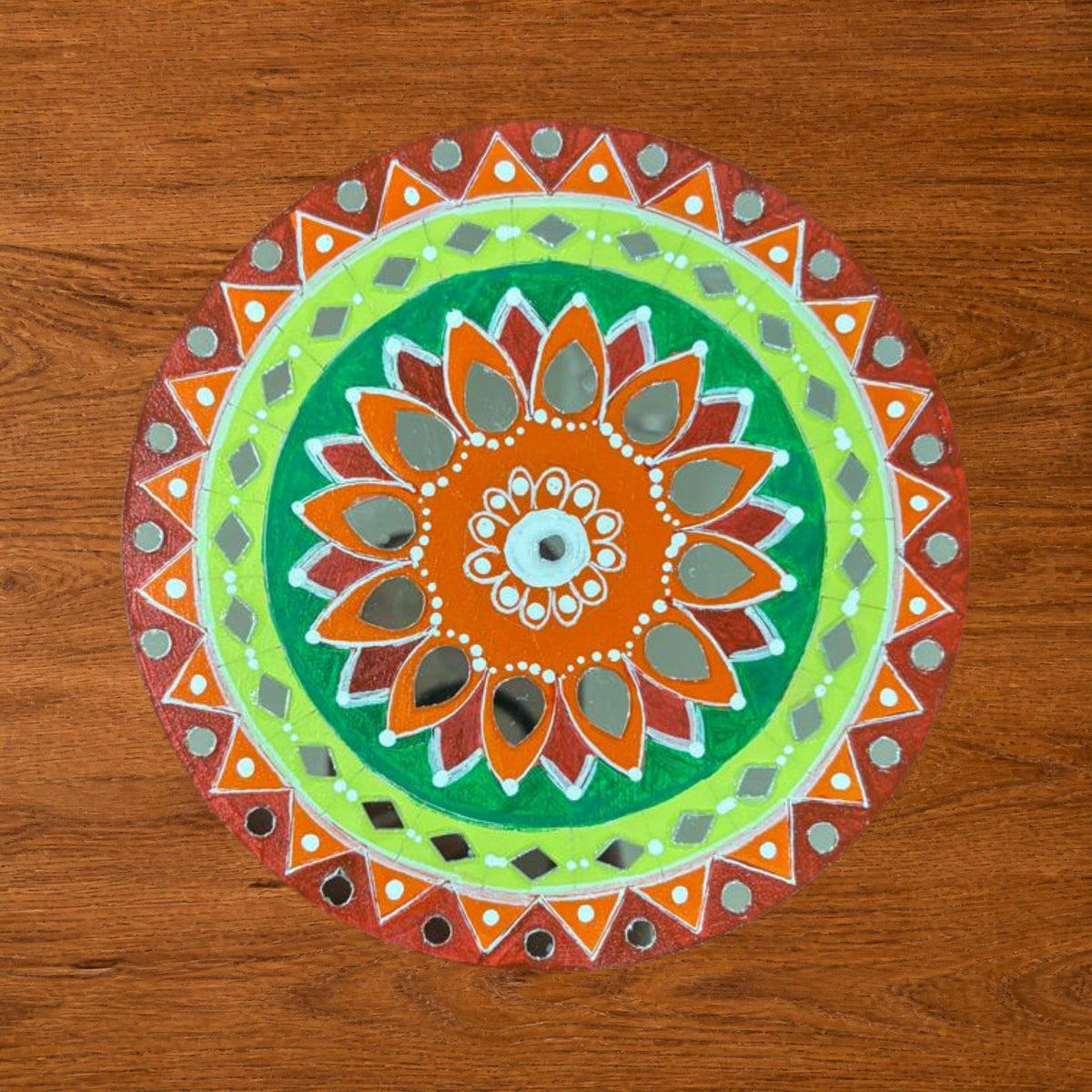 Hand-Painted MDF Tealight Coaster 6 inch with Mirror Work, Diwali Decor, Table & Pooja Decoration, Diwali Gift