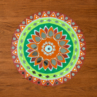 Hand-Painted MDF Tealight Coaster 6 inch with Mirror Work, Diwali Decor, Table & Pooja Decoration, Diwali Gift