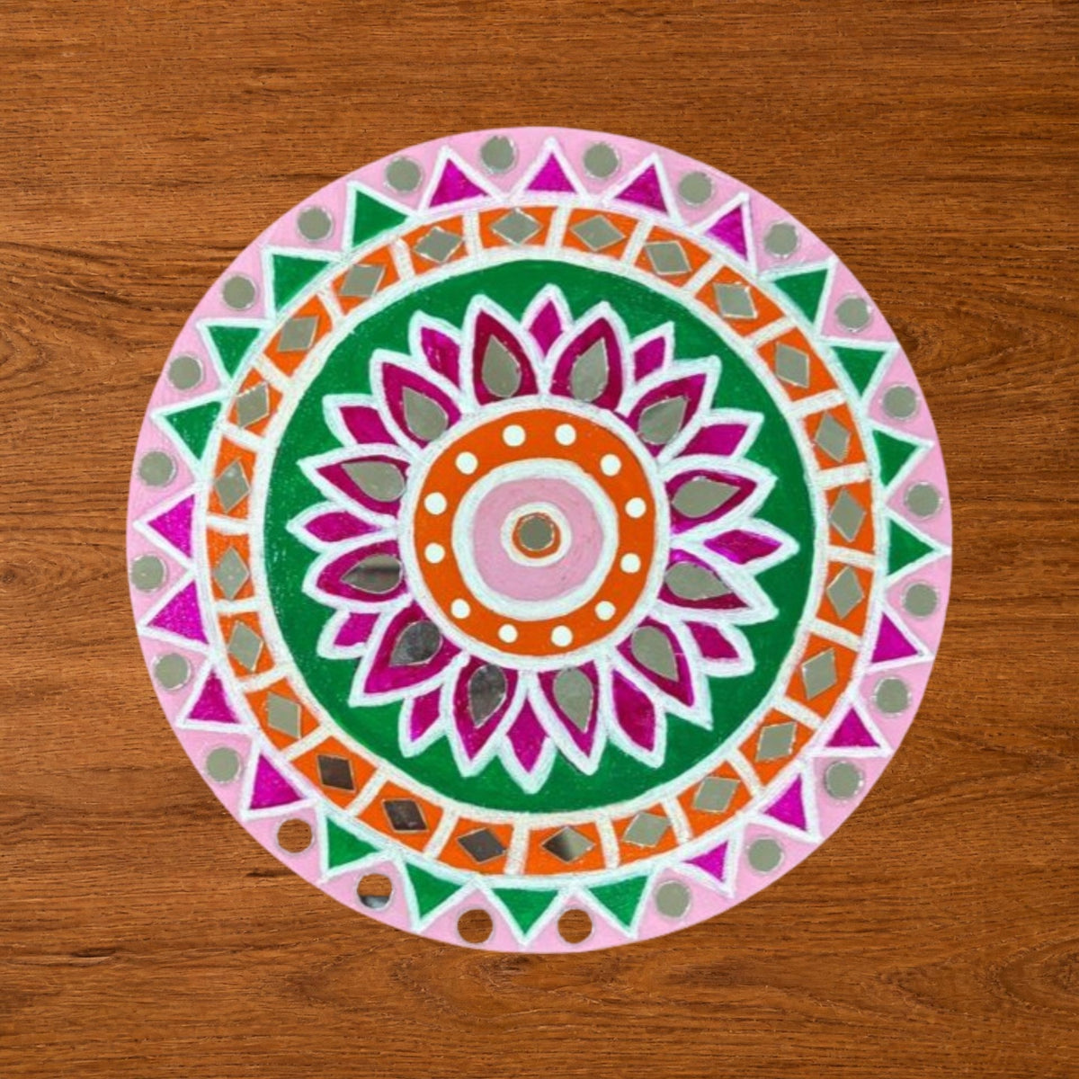 Hand-Painted MDF Tealight Coaster 6 inch with Mirror Work, Diwali Decor, Table & Pooja Decoration, Diwali Gift