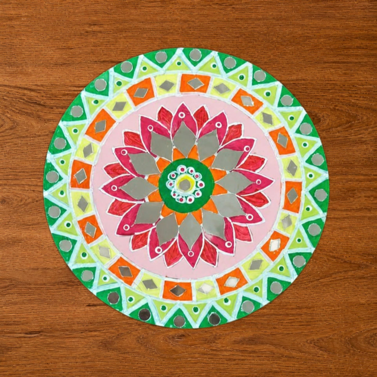Hand-Painted MDF Tealight Coaster 6 inch with Mirror Work, Diwali Decor, Table & Pooja Decoration, Diwali Gift