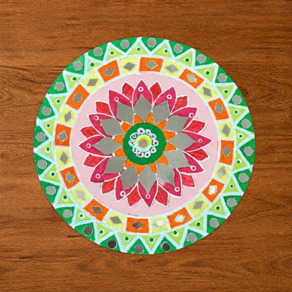 Hand-Painted MDF Tealight Coaster 6 inch with Mirror Work, Diwali Decor, Table & Pooja Decoration, Diwali Gift