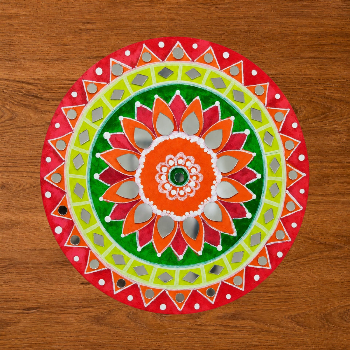 Hand-Painted MDF Tealight Coaster 6 inch with Mirror Work, Diwali Decor, Table & Pooja Decoration, Diwali Gift