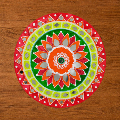 Hand-Painted MDF Tealight Coaster 6 inch with Mirror Work, Diwali Decor, Table & Pooja Decoration, Diwali Gift